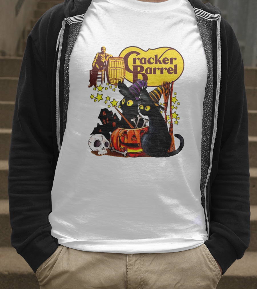 Cracker Barrel Halloween 2025 Black Cat Witches Pumpkin Stars Skulls T-Shirt