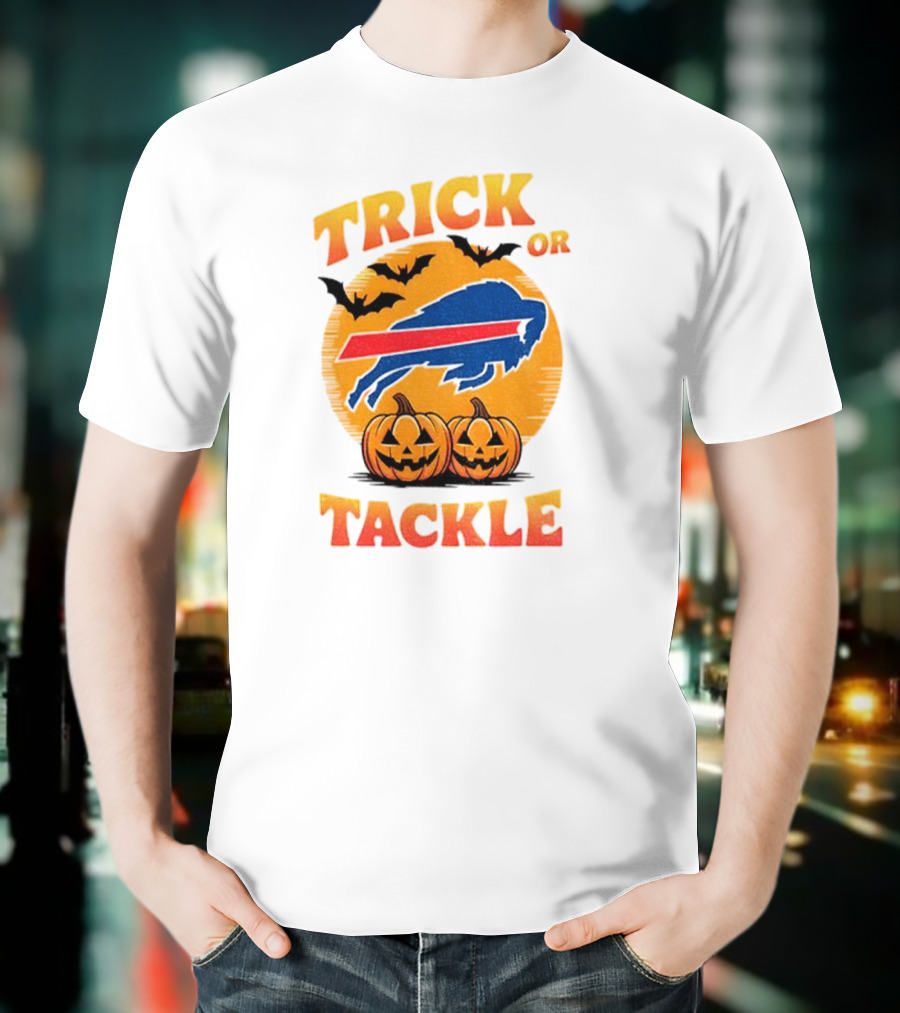Buffalo Bills Trick Or Tackle Halloween Pumpkins And Bats T-Shirt