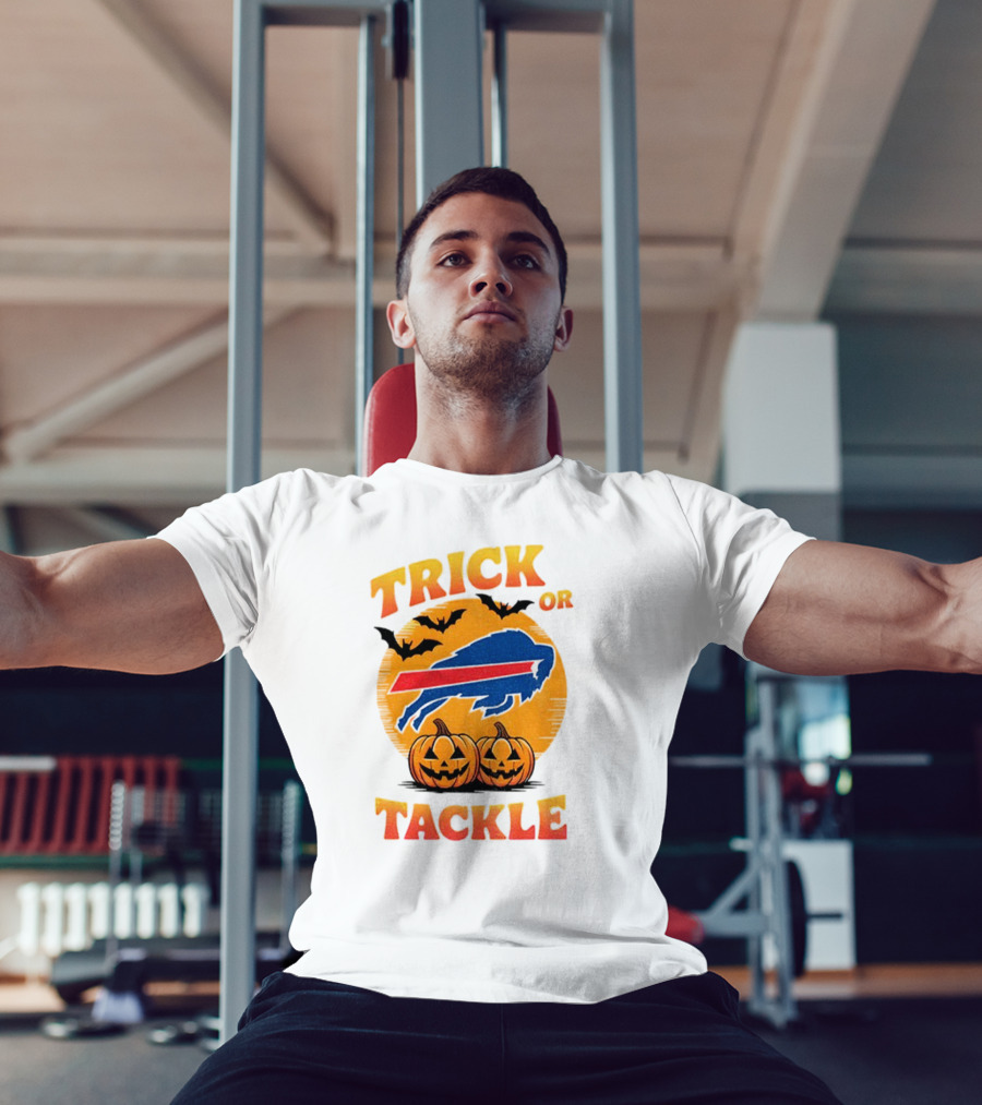 Buffalo Bills Trick Or Tackle Halloween Pumpkins And Bats T-Shirt