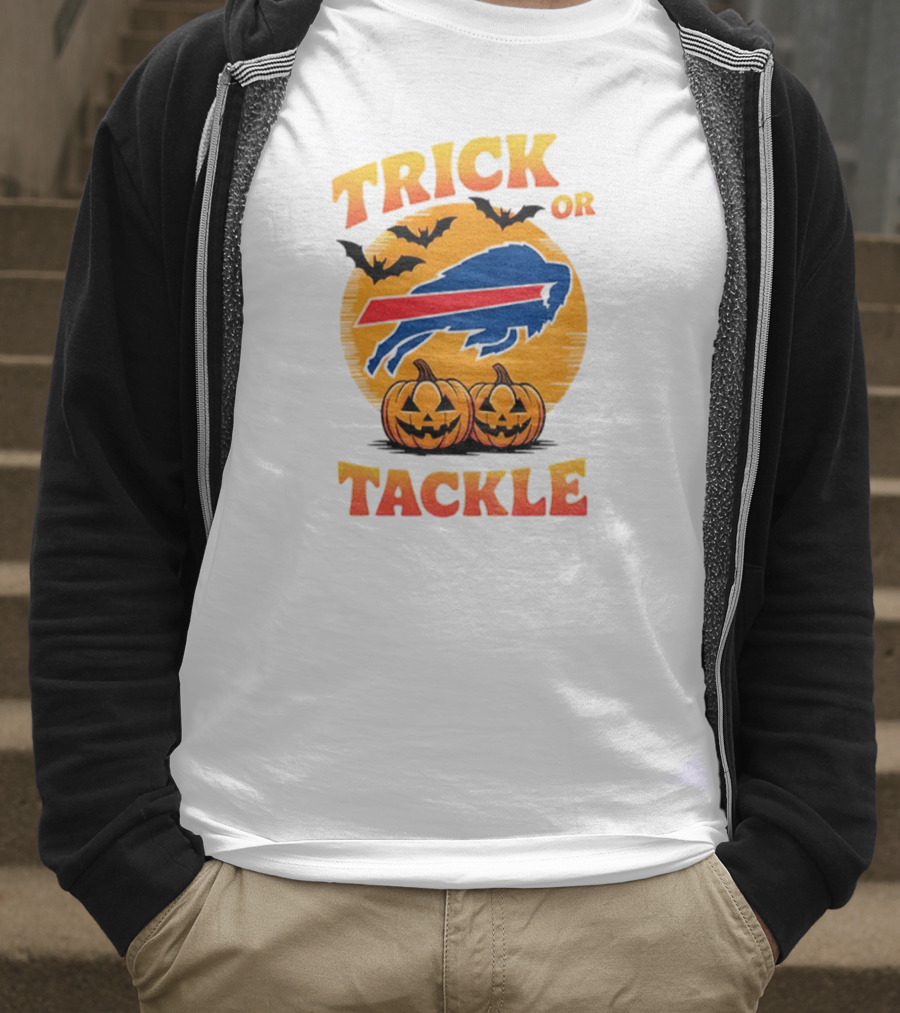 Buffalo Bills Trick Or Tackle Halloween Pumpkins And Bats T-Shirt