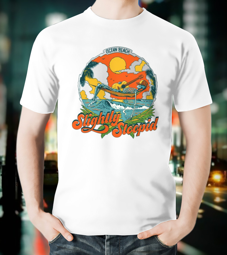 Slightly Stoopid Ocean Beach Skeleton Hammock Sun Guitar T-Shirt