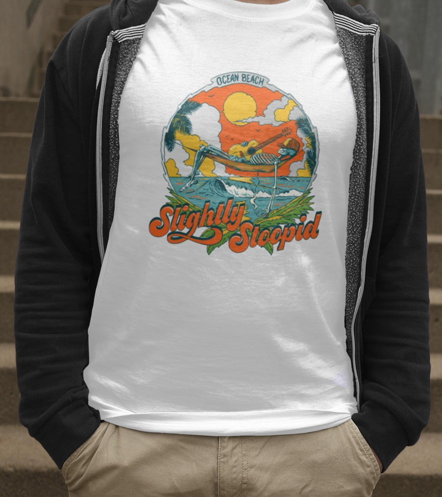 Slightly Stoopid Ocean Beach Skeleton Hammock Sun Guitar T-Shirt