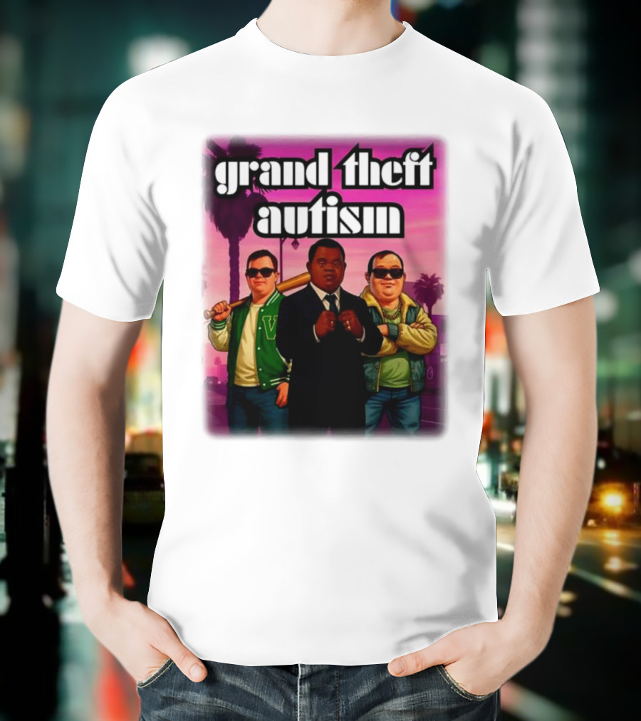 Grand Theft Autism Characters In Iconic Urban Setting T-Shirt