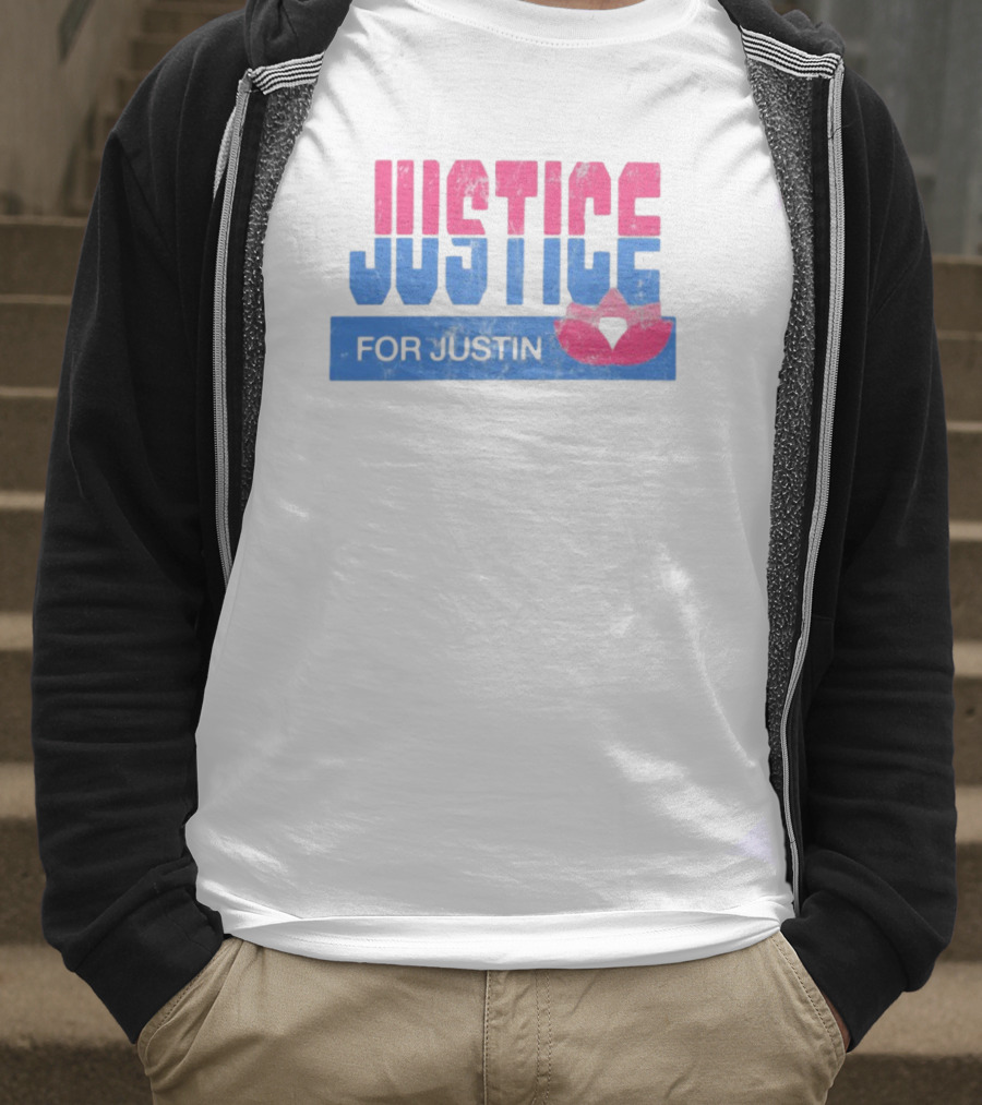Justice For Justin LGBTQ Pride Pink And Blue Bold Text With Heart Symbol T-Shirt