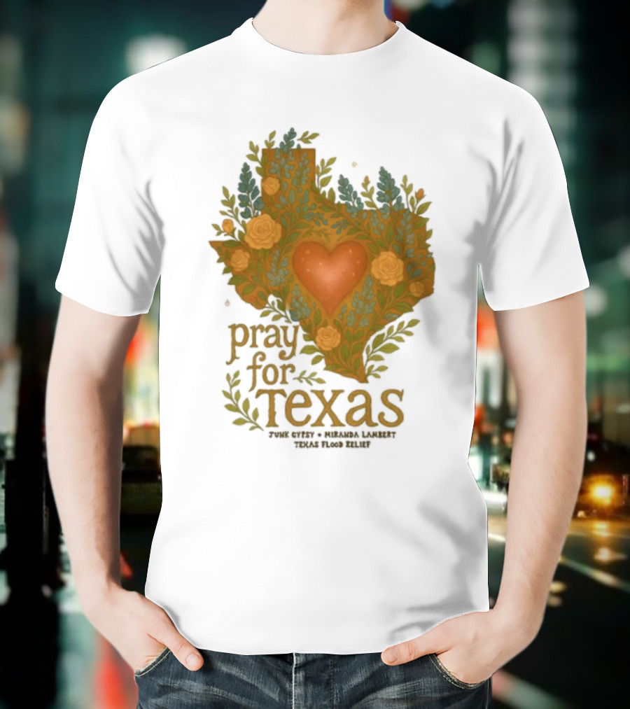 Pray For Texas Flood Relief Heart And Floral Pattern T-Shirt
