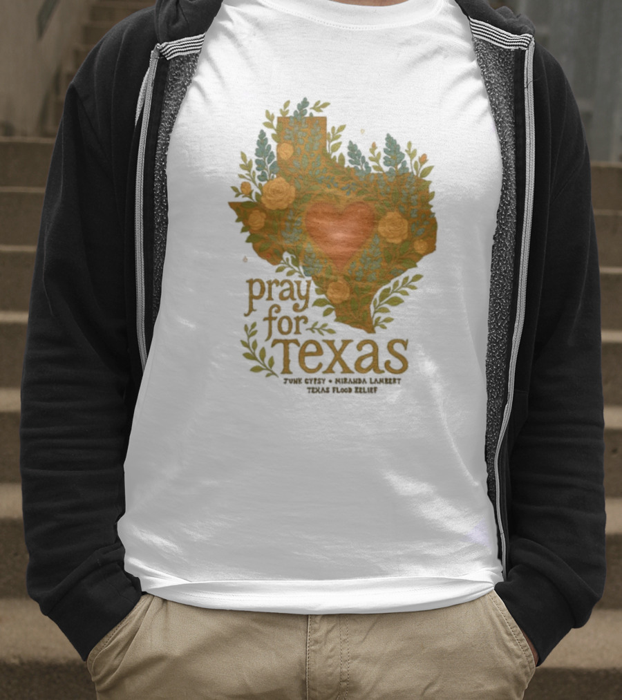 Pray For Texas Flood Relief Heart And Floral Pattern T-Shirt