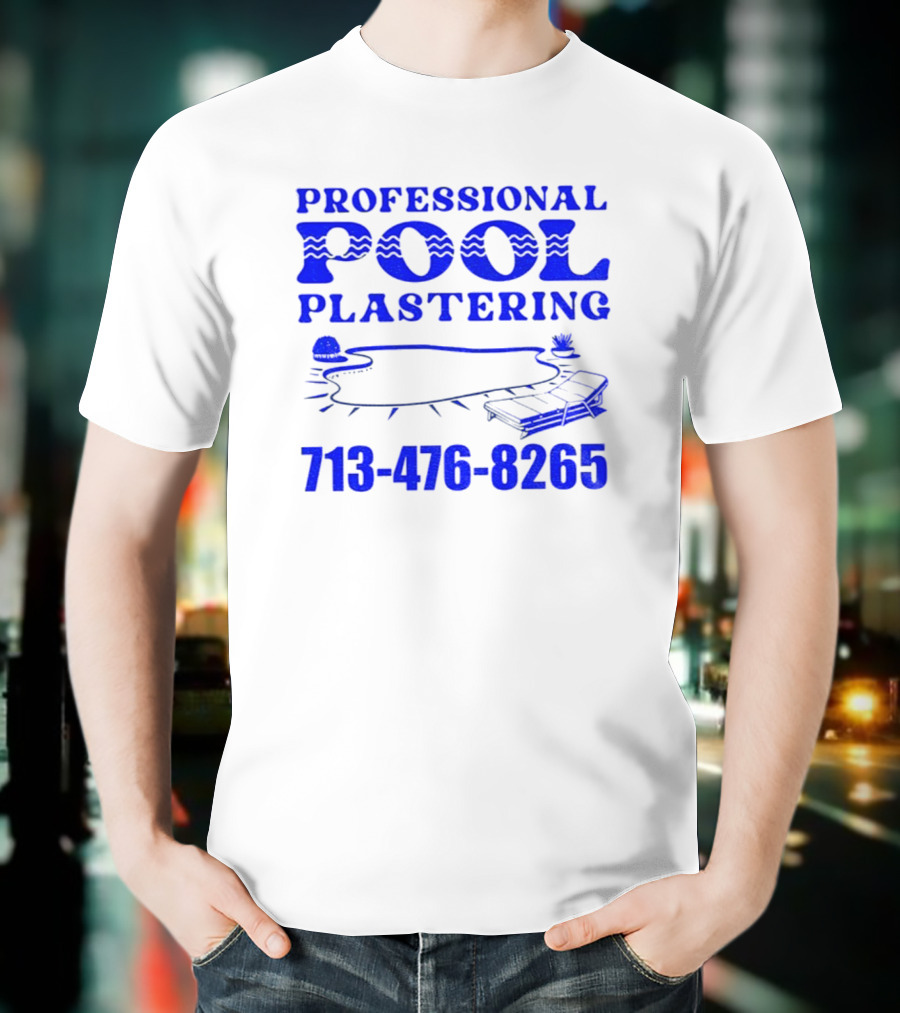 PROFESSIONAL POOL PLASTERING 713-476-8265 POOL OUTLINE COCKTAIL AND PALM TREE ICONS T-Shirt