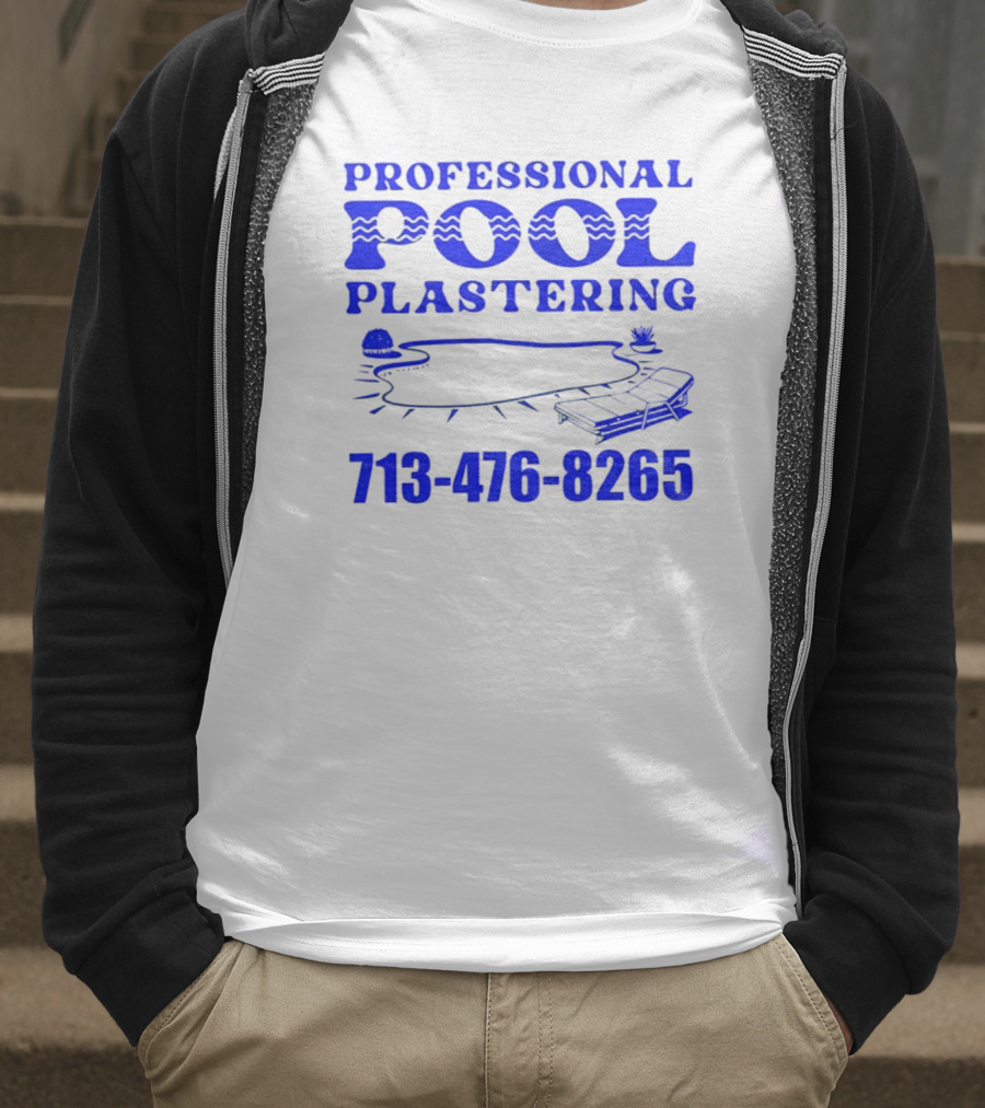 PROFESSIONAL POOL PLASTERING 713-476-8265 POOL OUTLINE COCKTAIL AND PALM TREE ICONS T-Shirt