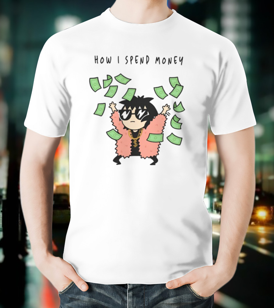 Sarah Andersen How I Spend Money Comic Character Pink Coat Dollar Bills Falling T-Shirt