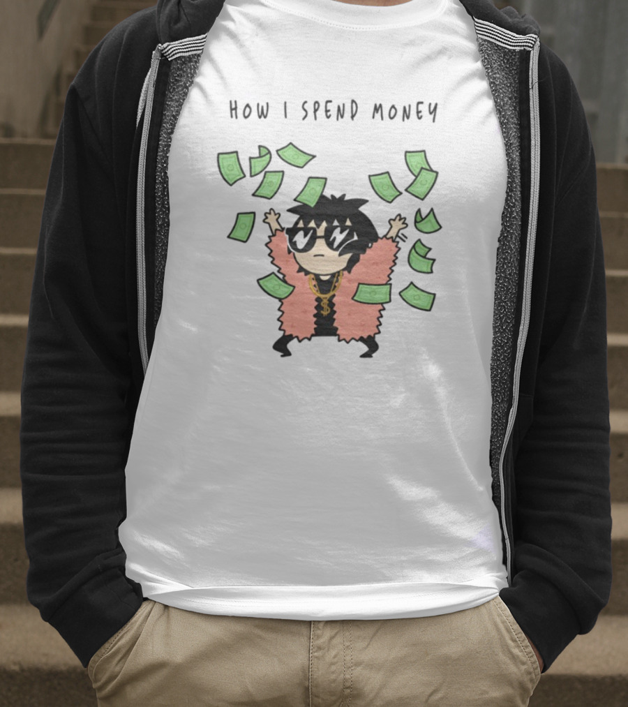 Sarah Andersen How I Spend Money Comic Character Pink Coat Dollar Bills Falling T-Shirt