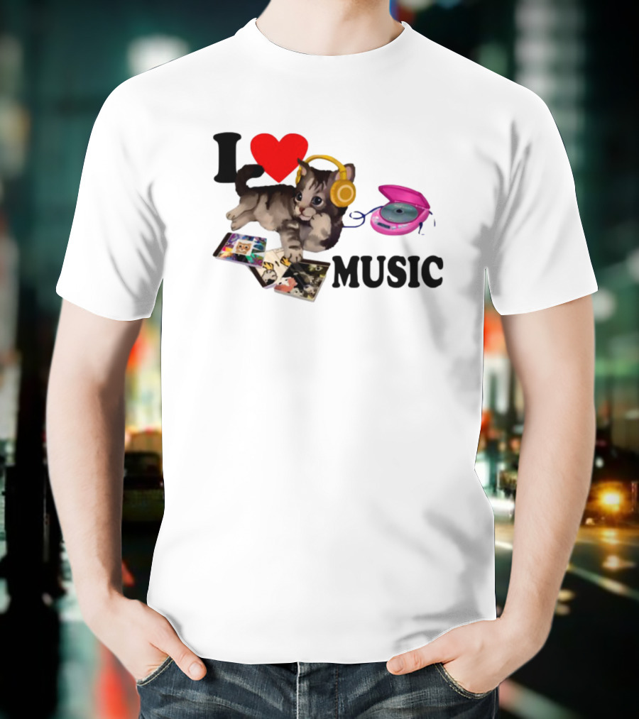 I Love Music Cat Headphones Portable CD Player Cute Cat Photos T-Shirt