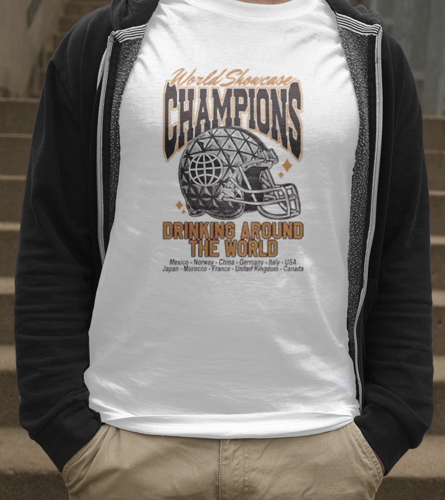 World Showcase Champions Drinking Around The World Helmet USA Canada Spaceship Earth T-Shirt