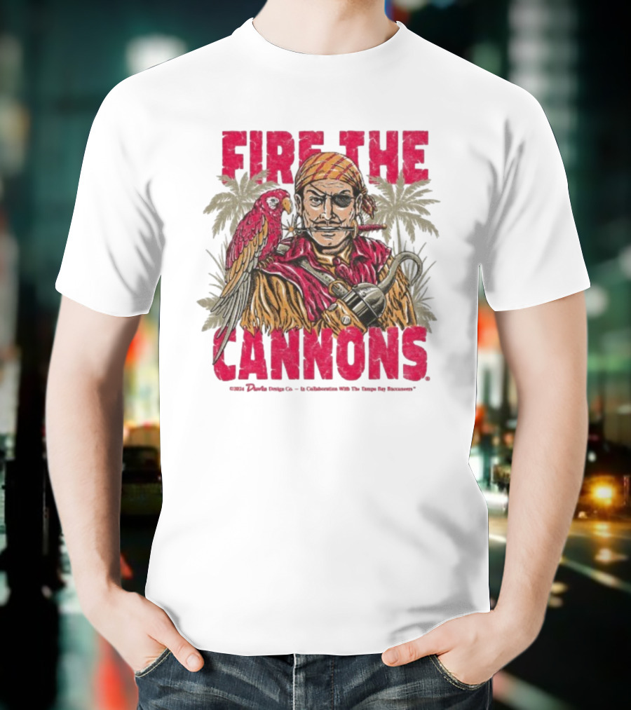 Fire The Cannons Buccaneers Pirate Parrot Palm Trees T-Shirt
