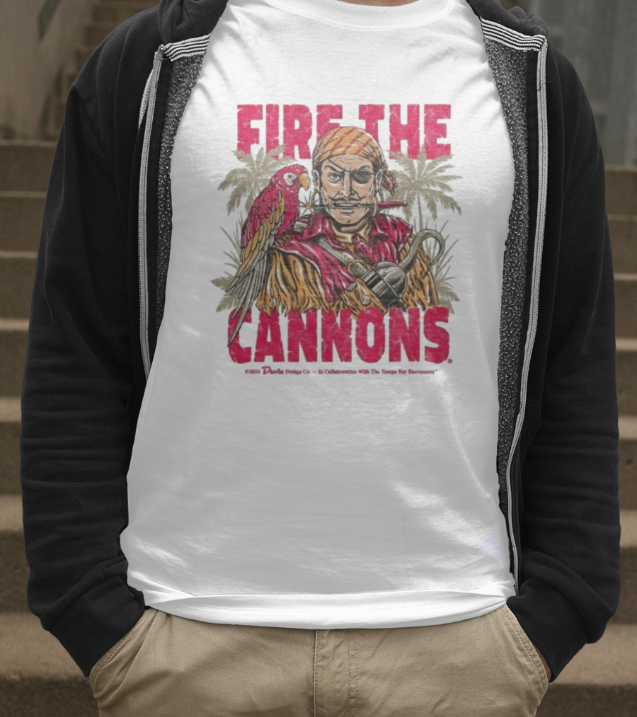 Fire The Cannons Buccaneers Pirate Parrot Palm Trees T-Shirt