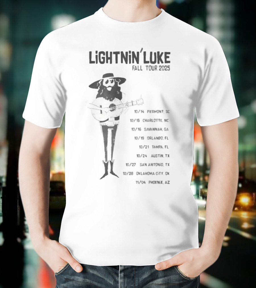 Lightnin’ Luke Fall Tour 2025 With Dates In Pendleton Charlotte Savannah Orlando Tampa Austin San Antonio Oklahoma City Phoenix T-Shirt