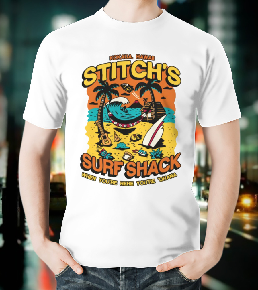 Kokaua Hawaii Stitch's Surf Shack When You're Here You're 'Ohana T-Shirt