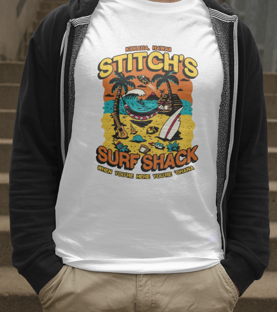 Kokaua Hawaii Stitch's Surf Shack When You're Here You're 'Ohana T-Shirt