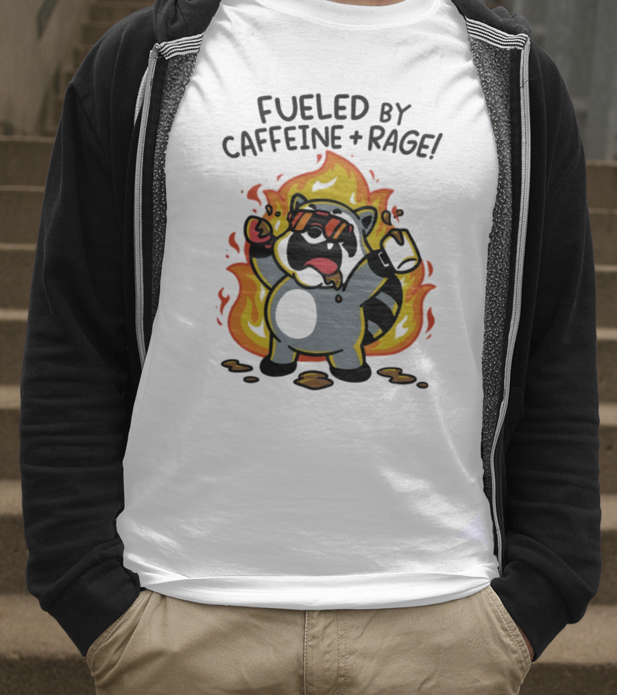 Fueled By Caffeine & Rage Cartoon Raccoon On Fire With Sunglasses T-Shirt