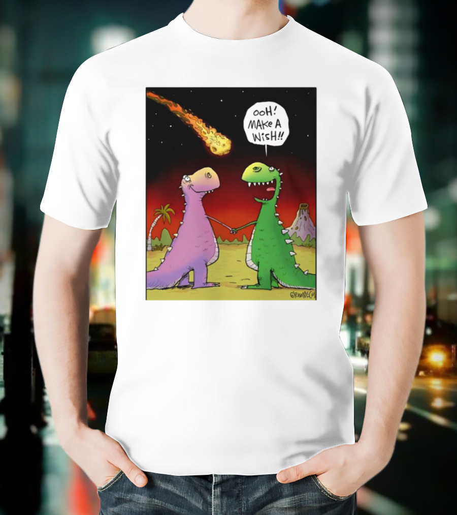 Glenn Mccoy Dinosaur Cartoon Ooh Make A Wish Meteorite Scene T-Shirt