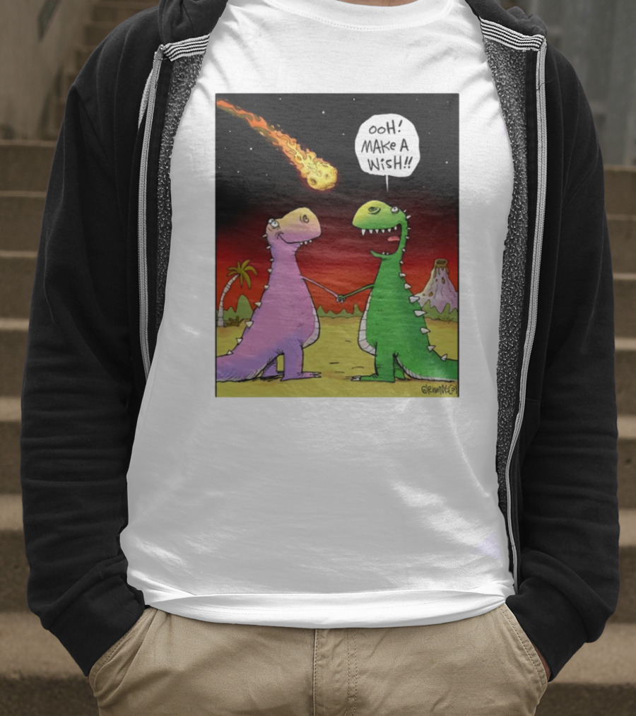 Glenn Mccoy Dinosaur Cartoon Ooh Make A Wish Meteorite Scene T-Shirt