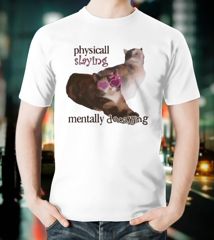 ```Snazzyseagull Physically Slaying Mentally Decaying Cat With Pink Heart Sunglasses``` T-Shirt