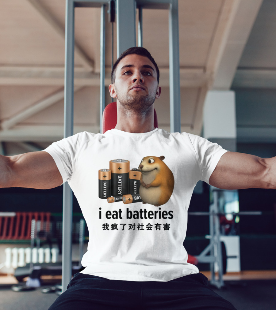 I Eat Batteries Funny Cartoon Hamster Chinese Text T-Shirt