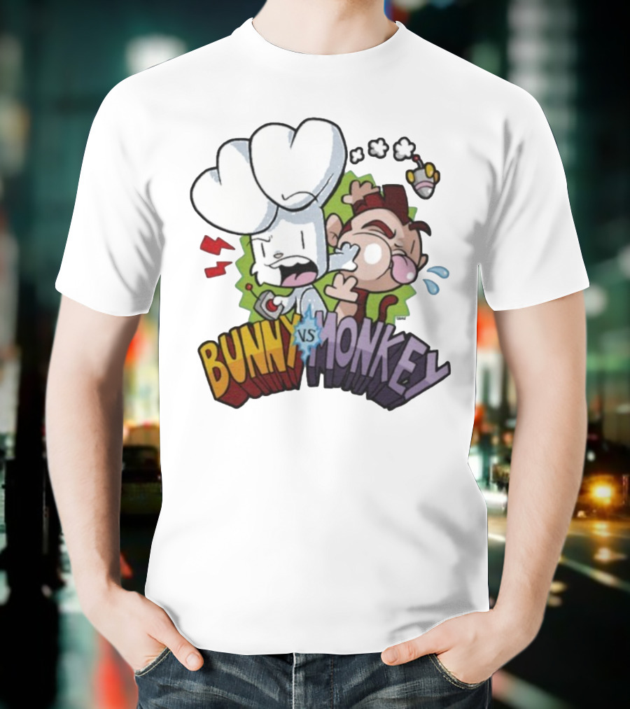Bunny Vs Monkey Cartoon Rivalry Comic Style T-Shirt