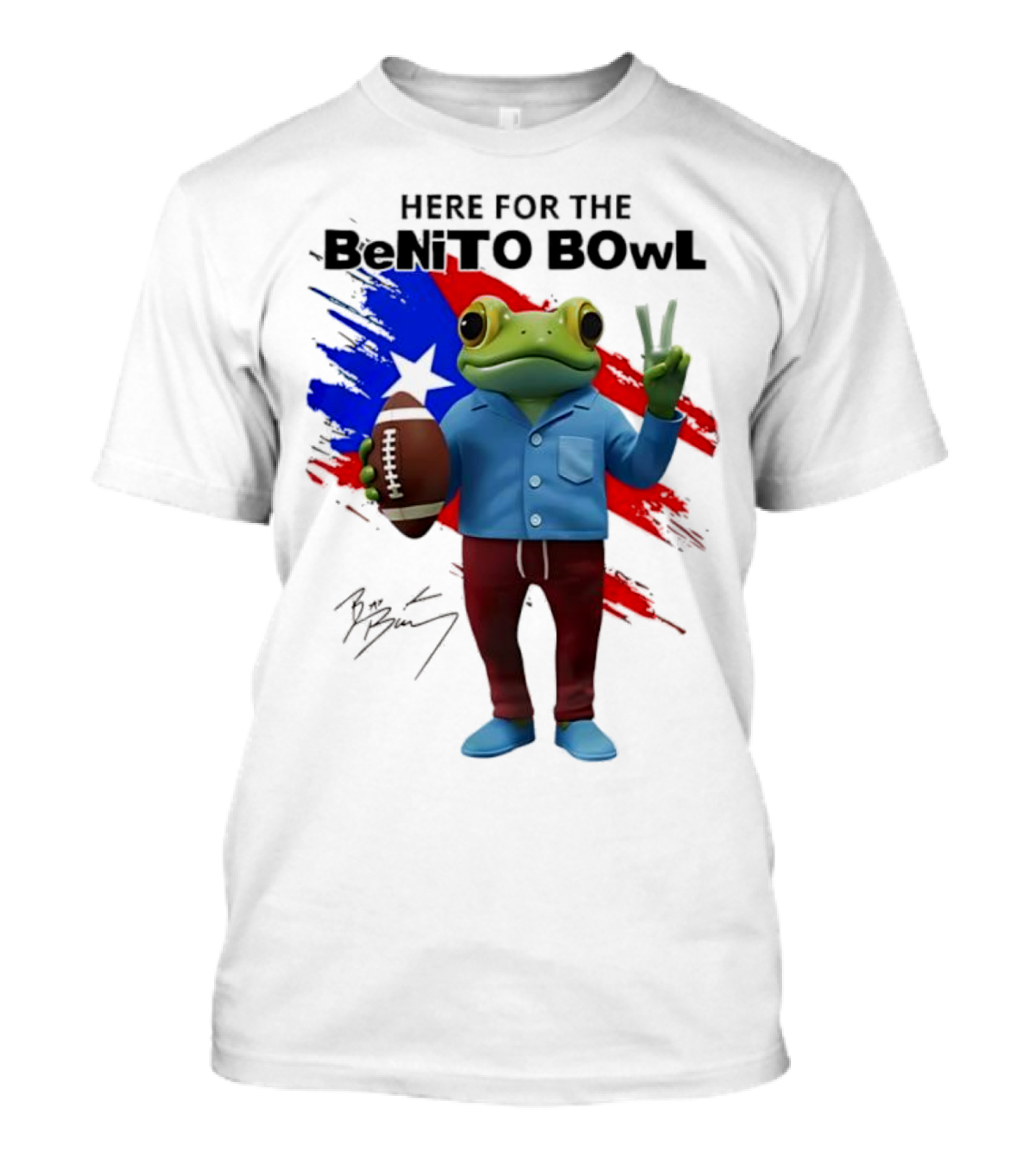 Bad Bunny Here For The Benito Bowl Super Bowl Frogs Puerto Rico Flag Football Peace Sign Signature T-Shirt