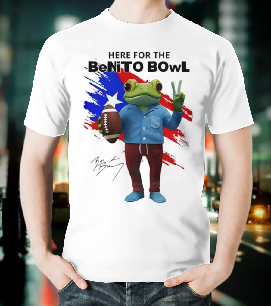 Bad Bunny Here For The Benito Bowl Super Bowl Frogs Puerto Rico Flag Football Peace Sign Signature T-Shirt