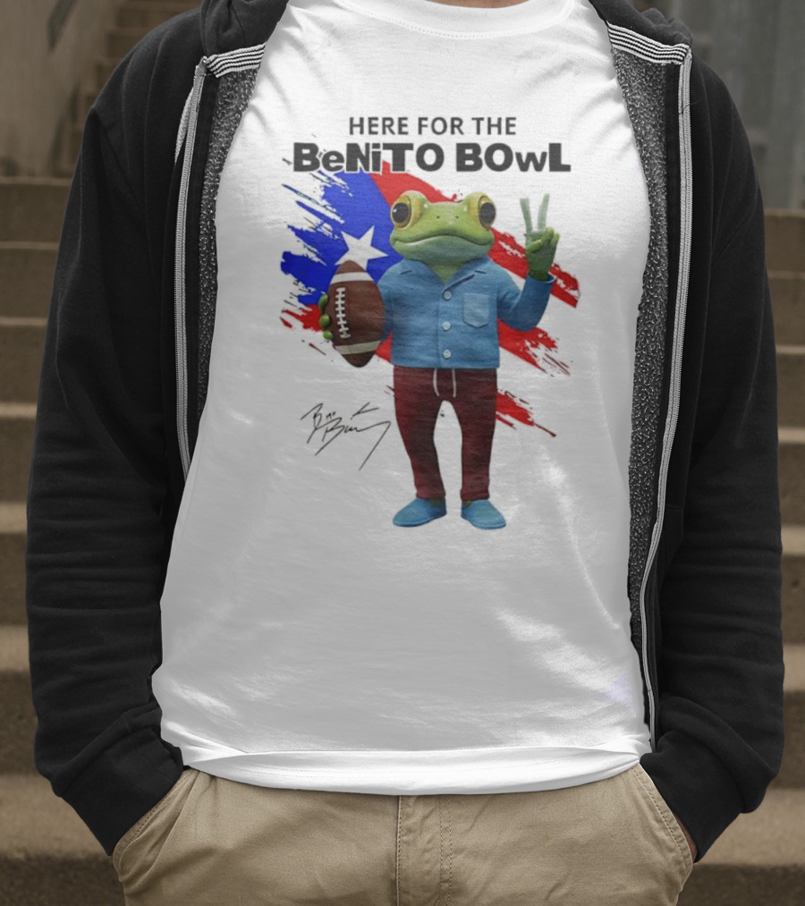 Bad Bunny Here For The Benito Bowl Super Bowl Frogs Puerto Rico Flag Football Peace Sign Signature T-Shirt