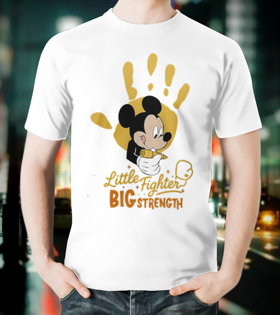 Mickey Mouse Little Fighter Big Strength Cancer Awareness Handprint T-Shirt