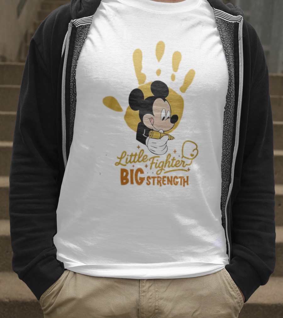 Mickey Mouse Little Fighter Big Strength Cancer Awareness Handprint T-Shirt
