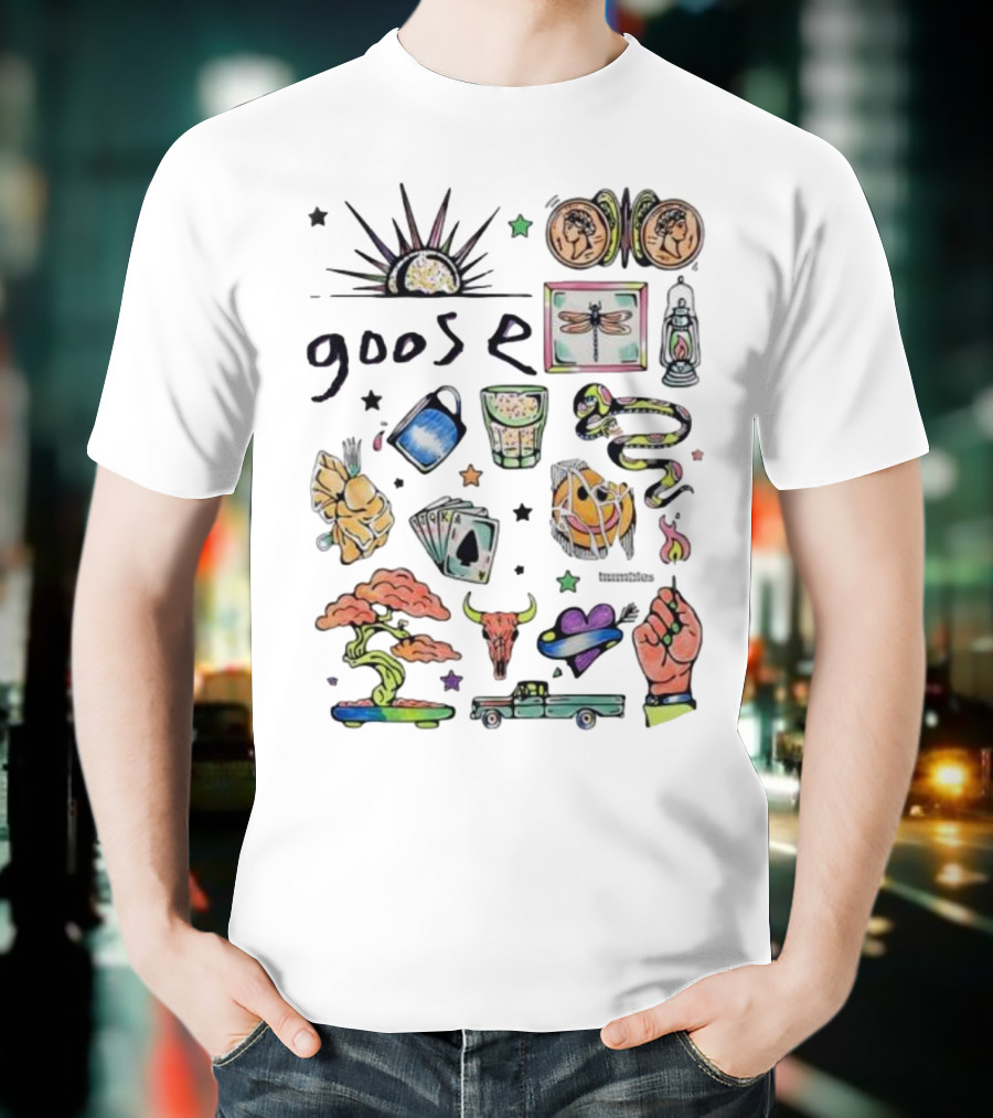 Goose Psychedelic Sunrise And Nature Symbols With Playing Cards Art T-Shirt