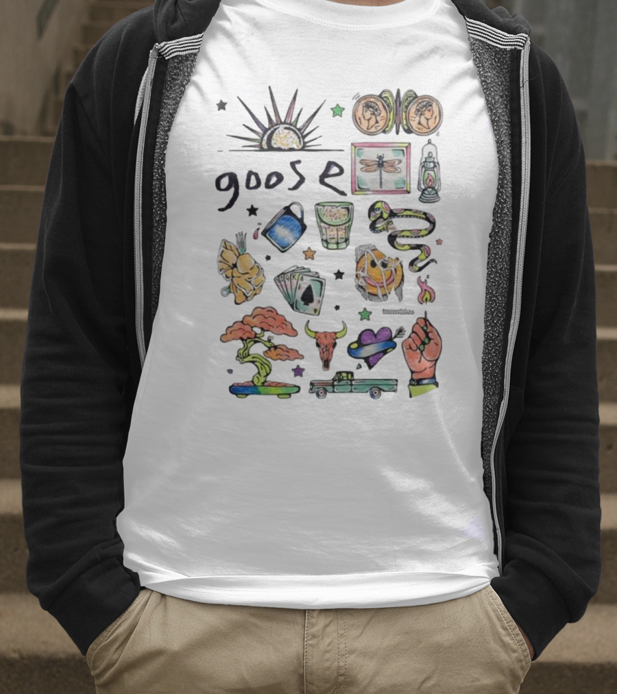Goose Psychedelic Sunrise And Nature Symbols With Playing Cards Art T-Shirt