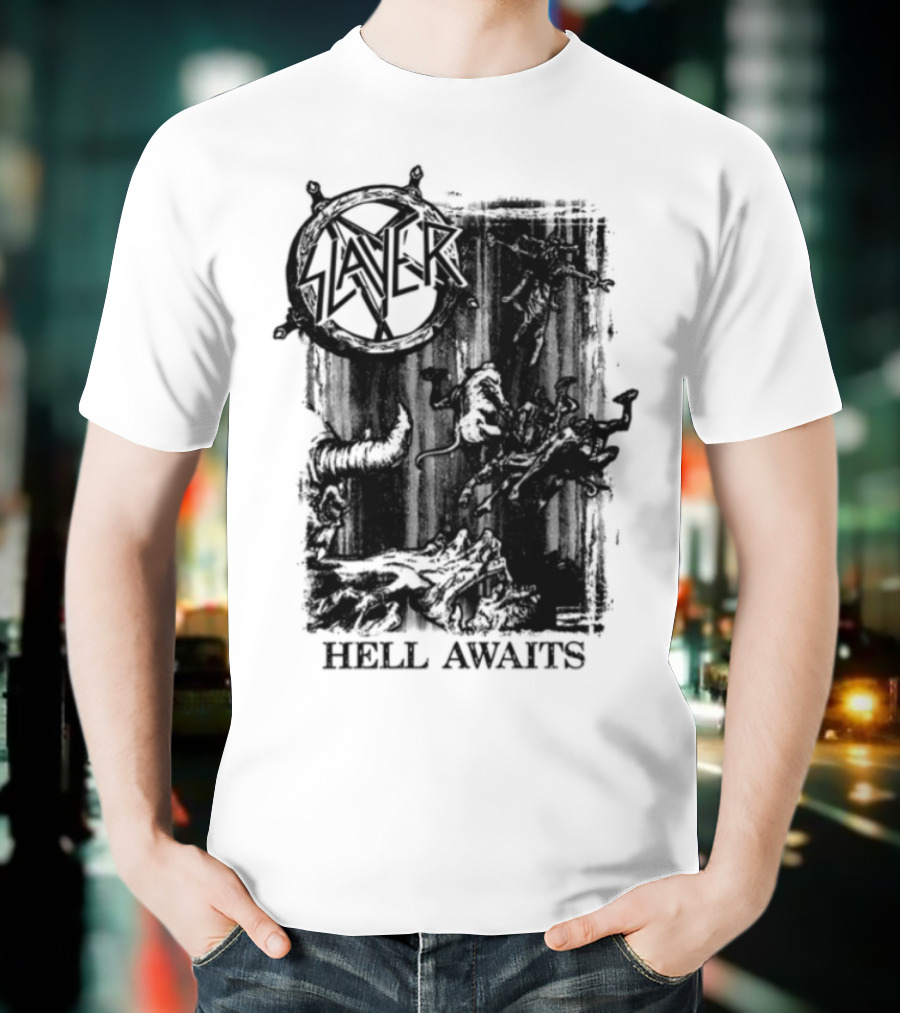 Monochrome Slayer Hell Awaits Acid Iconic Band Art T-Shirt
