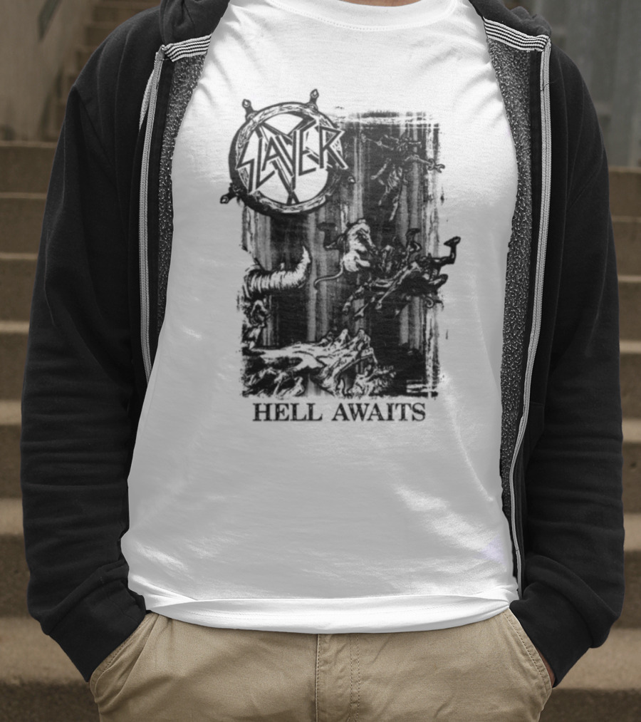 Monochrome Slayer Hell Awaits Acid Iconic Band Art T-Shirt