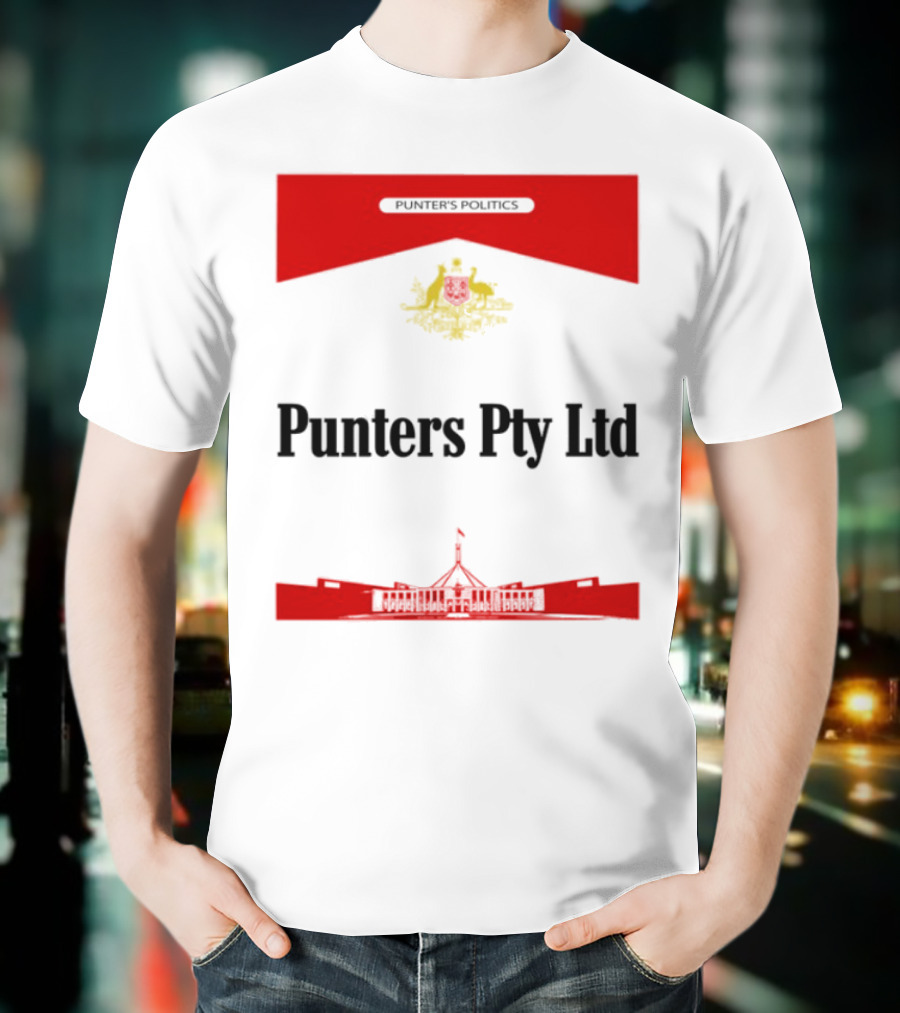 Punter's Lobbyist Uniform Australia's Parliament House Silhouette Red And Gold Emblem T-Shirt