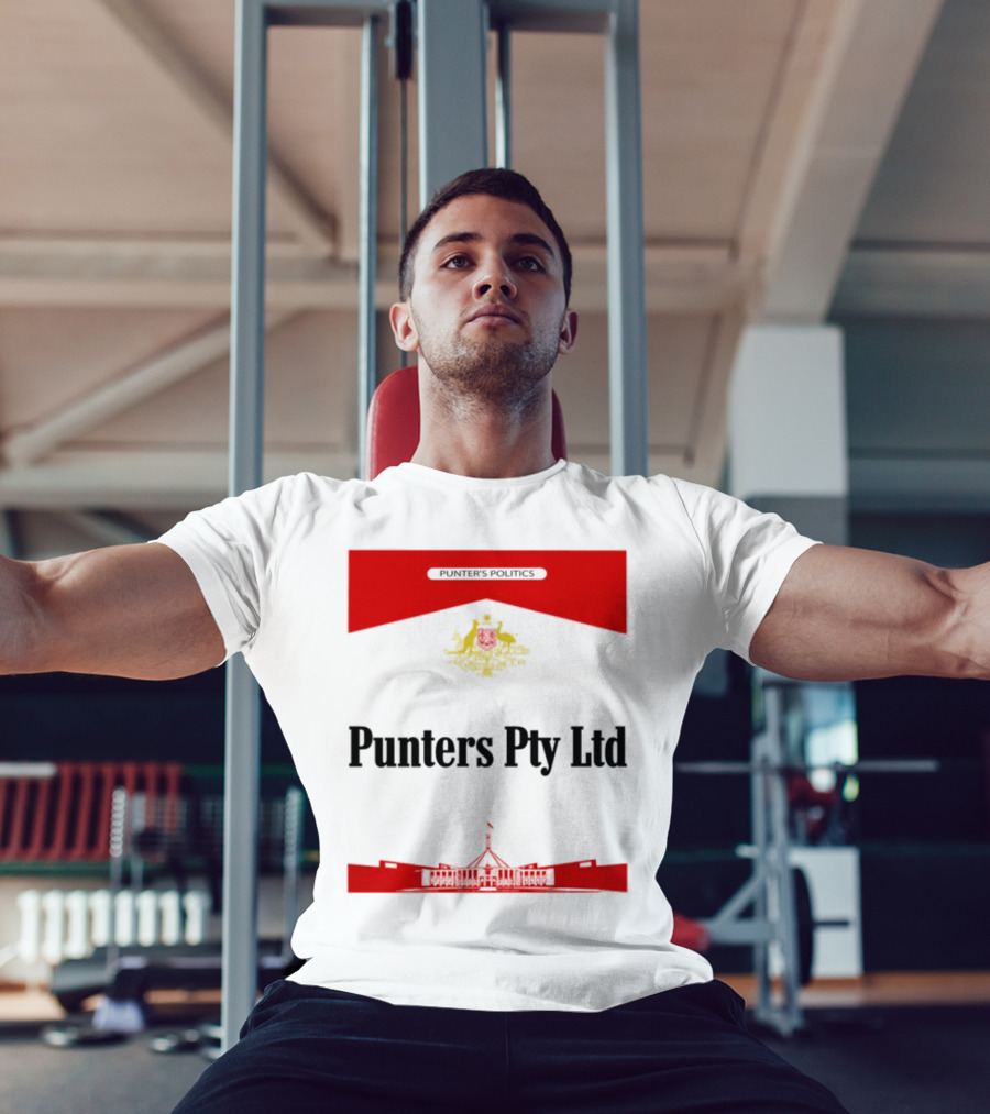 Punter's Lobbyist Uniform Australia's Parliament House Silhouette Red And Gold Emblem T-Shirt