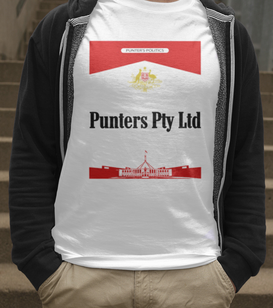 Punter's Lobbyist Uniform Australia's Parliament House Silhouette Red And Gold Emblem T-Shirt