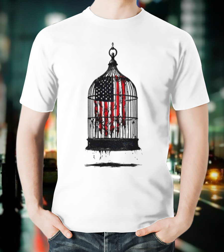 Caged Liberty American Flag Birdcage Government Shutdown T-Shirt