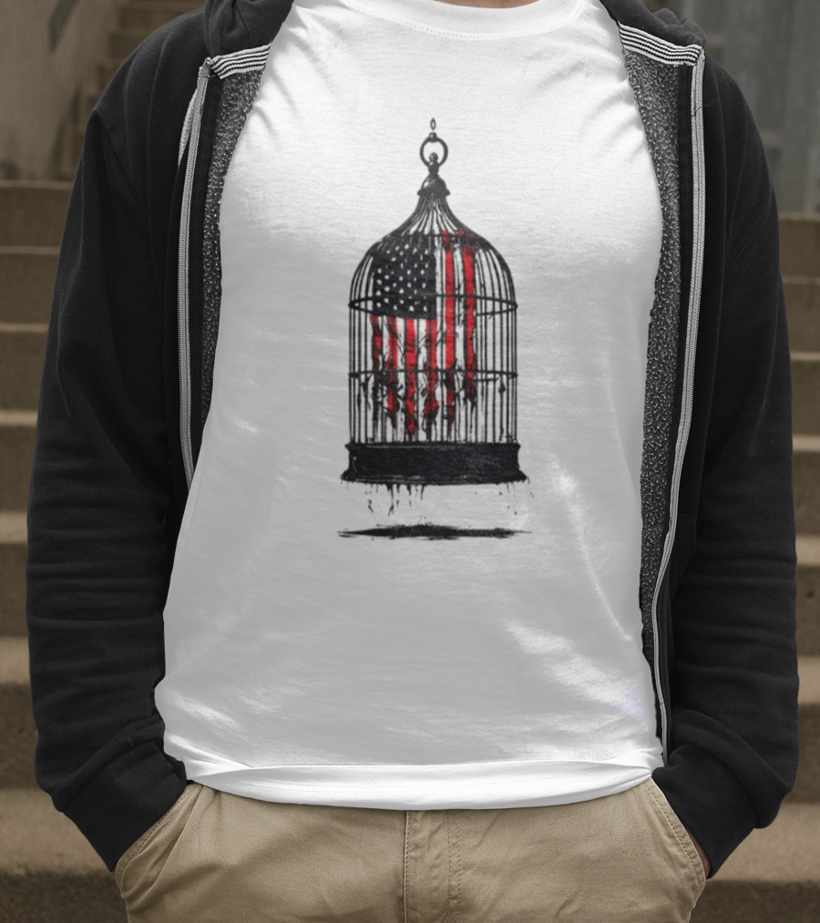 Caged Liberty American Flag Birdcage Government Shutdown T-Shirt