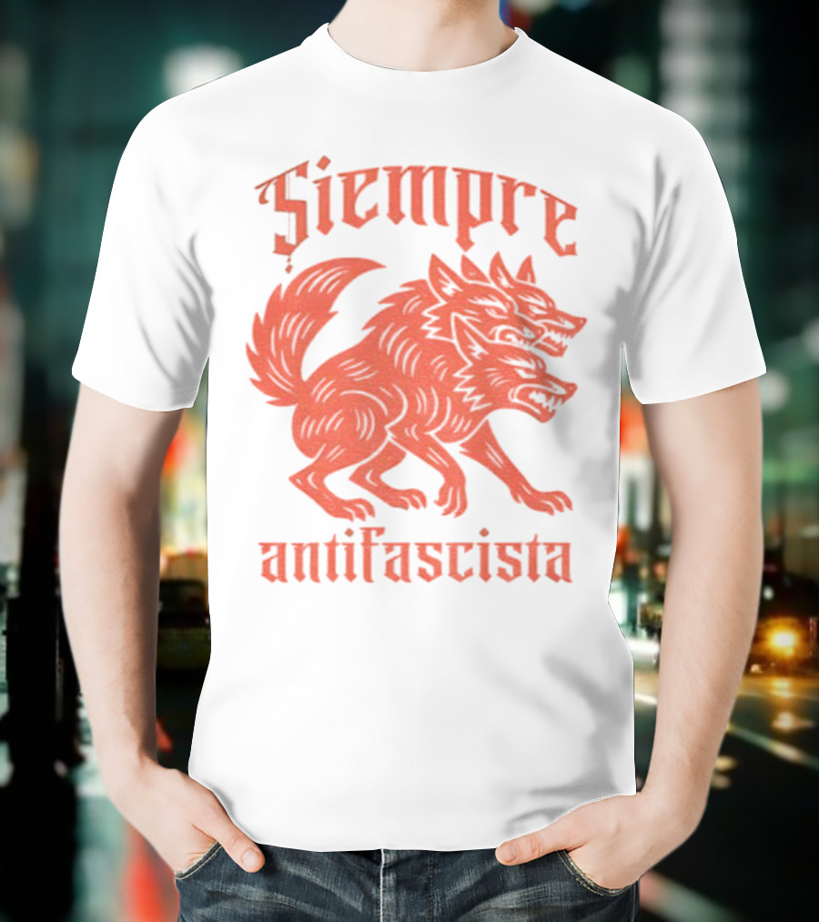 Siempre Antifascista Linocut Three-Headed Dog T-Shirt
