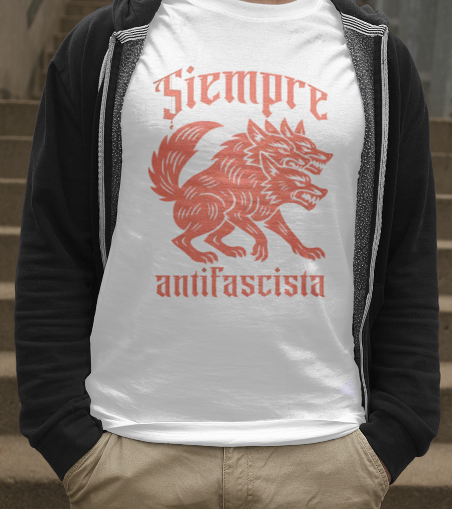 Siempre Antifascista Linocut Three-Headed Dog T-Shirt