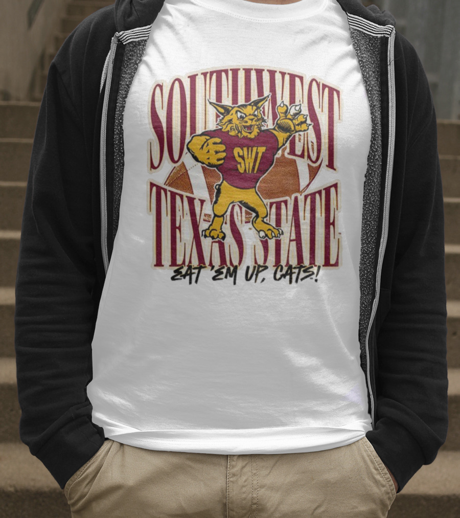 Southwest Texas State SWT 1990s Eat Em Up Cats Mascot Football T-Shirt
