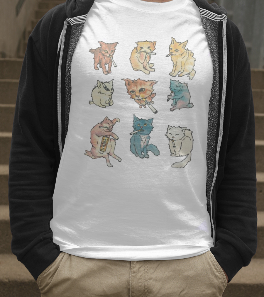 Kitty Ciggy Gang Quirky Cats Smoking Cigarettes Art Style T-Shirt