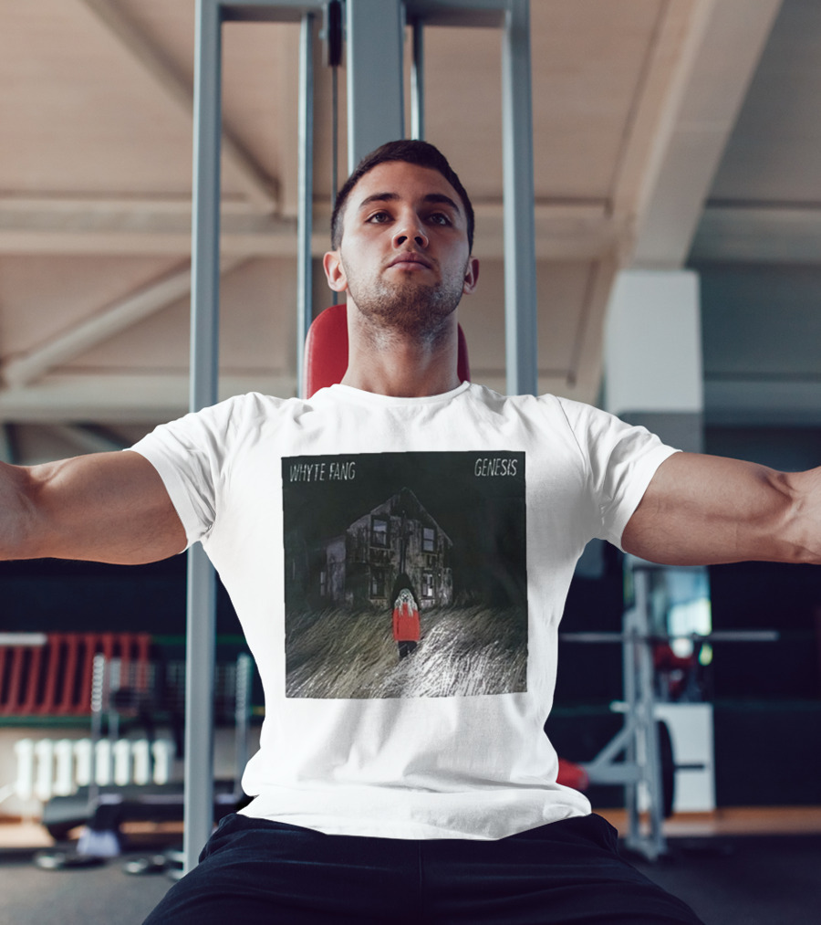 Whyte Fang Genesis Album Cover Creepy House And Figure In Red Jacket T-Shirt