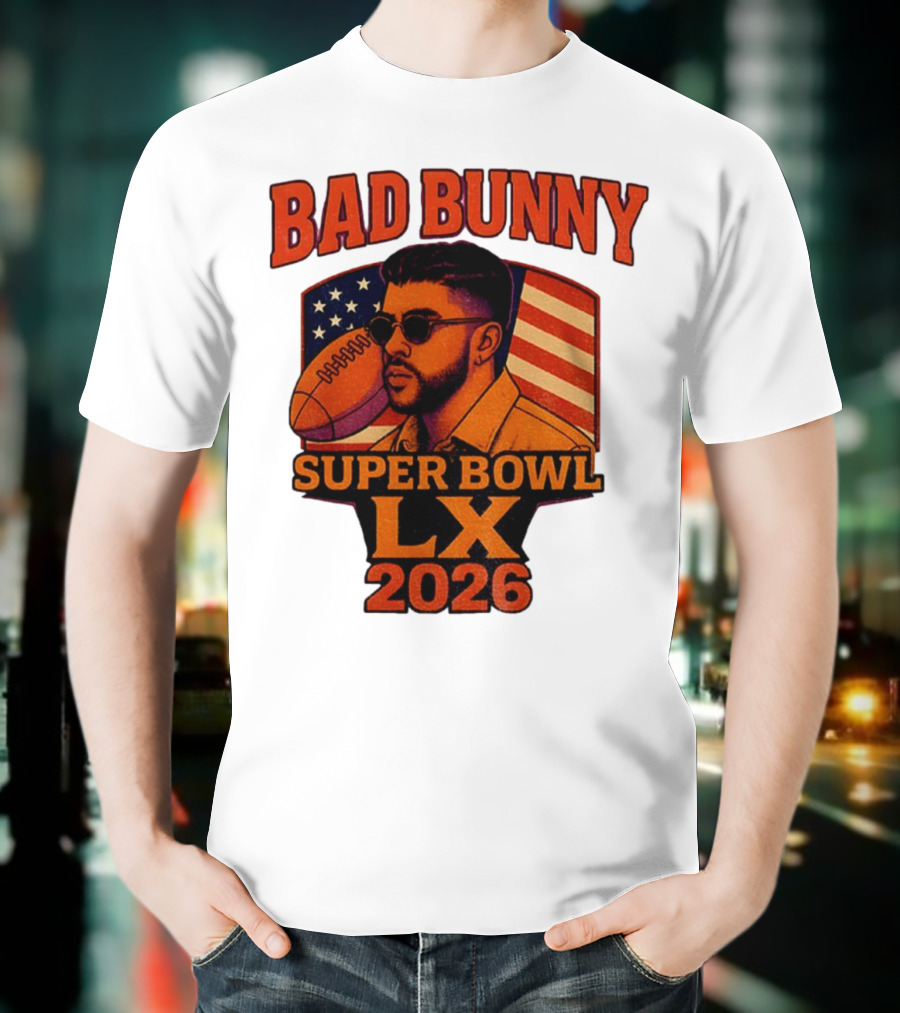Bad Bunny Super Bowl LX 2026 American Flag Football Graphic T-Shirt