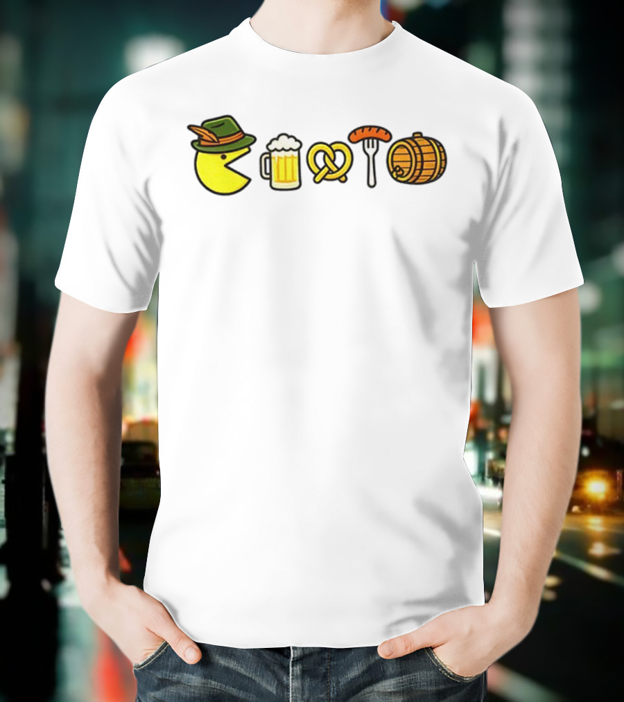 Pac-Man Oktoberfest Beer Pretzel Sausage Barrel Icons T-Shirt