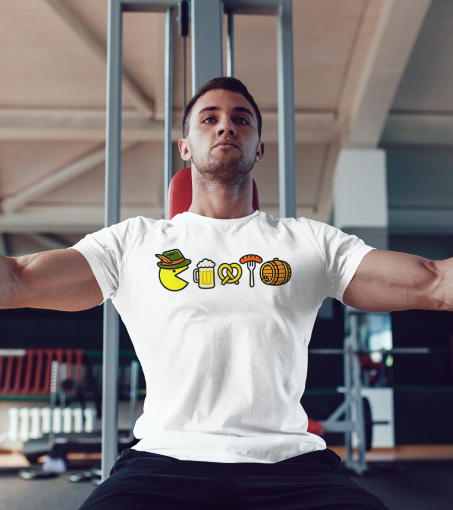 Pac-Man Oktoberfest Beer Pretzel Sausage Barrel Icons T-Shirt