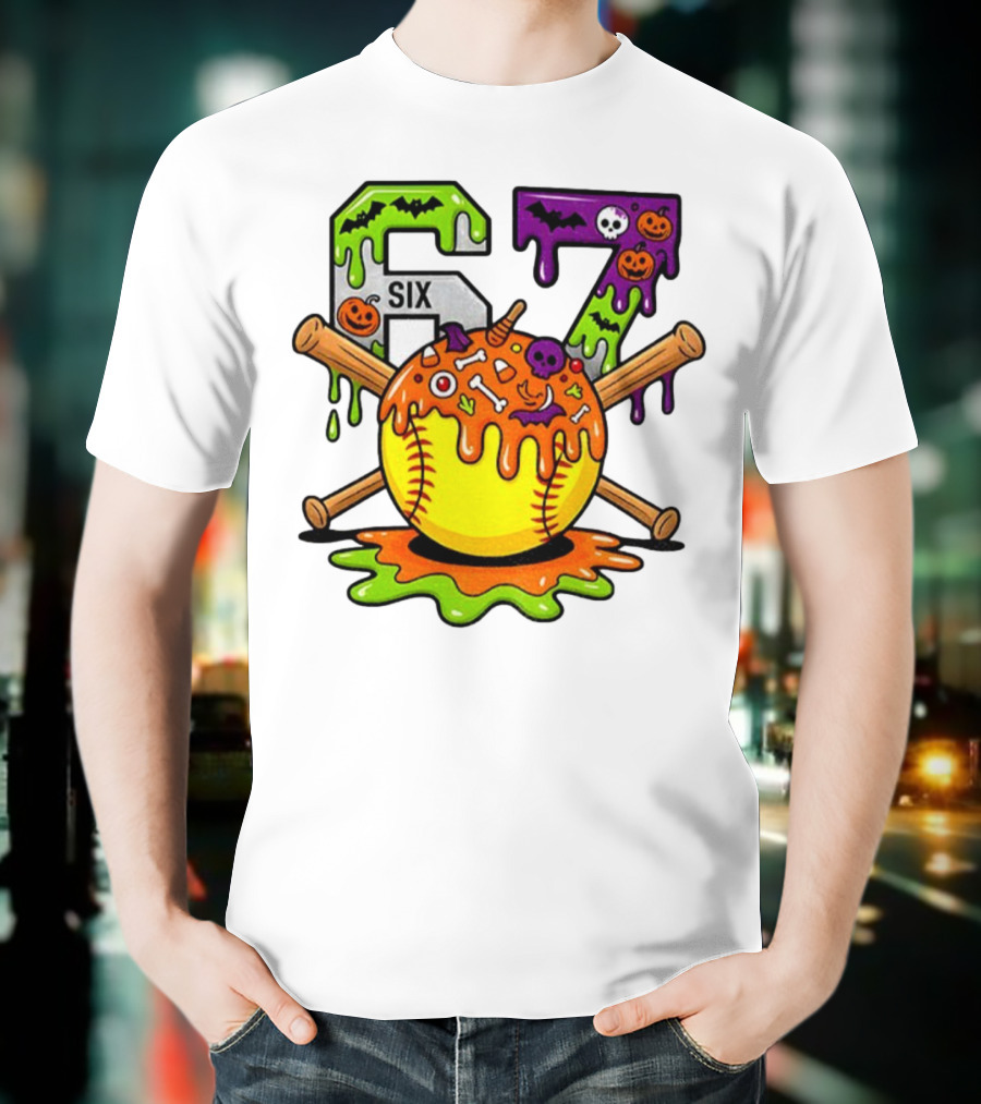 Halloween Softball 67 Six Seven Dripping Bats Pumpkins Bones Skull T-Shirt